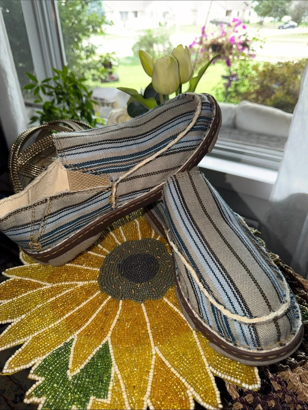Tony Lama Gator Blue Striped Canvas Slip-On Shoes Men’s 9 New